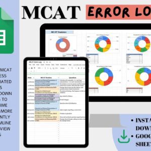 Ultimate MCAT Error Log, Google Sheets, Digital Study Tracker Spreadsheet, MCAT Organization and Dynamic Statistics